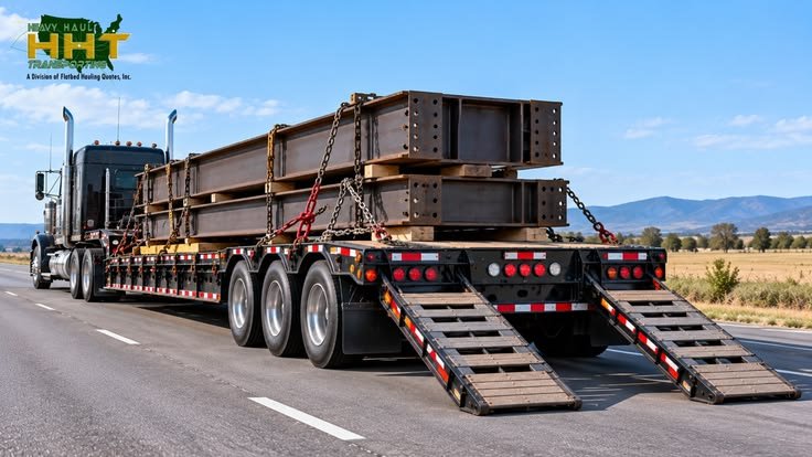 Low-bed trailer transporting heavy equipment